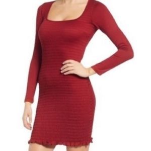 ROW A Women's Dress Mini Body Con Smocked Long Sleeve Square Neck Red NWT
